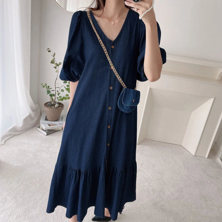 ZANZEA Oversized Denim Maxi Dress - Puff Sleeve Retro Baggy Summer Sundress