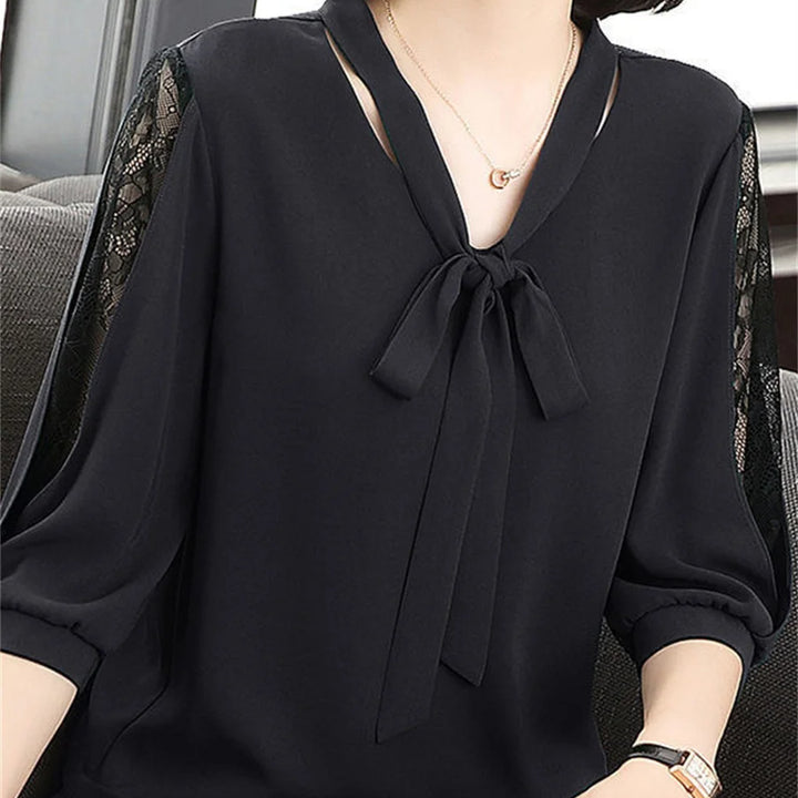 Women’s Spring Summer Blouse - Casual Bow Tie Collar Lace Sleeve Top