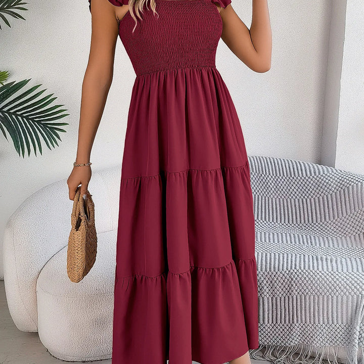 Solid Square Neck Dress - Elegant Waist-Tied Long Dress