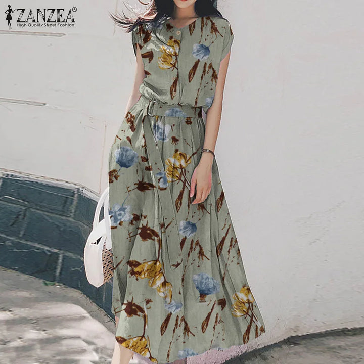 ZANZEA Bohemian Floral Midi Dress - Elegant Short Sleeve Summer Sundress