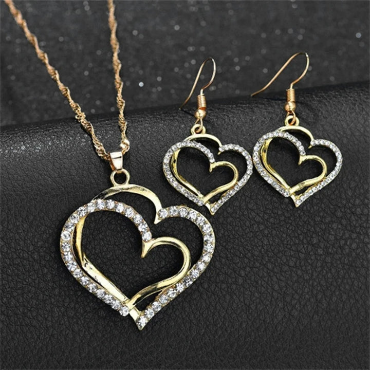 3-Piece Heart-Shaped Jewelry Set – Earrings, Pendant, Necklace with Rhinestones