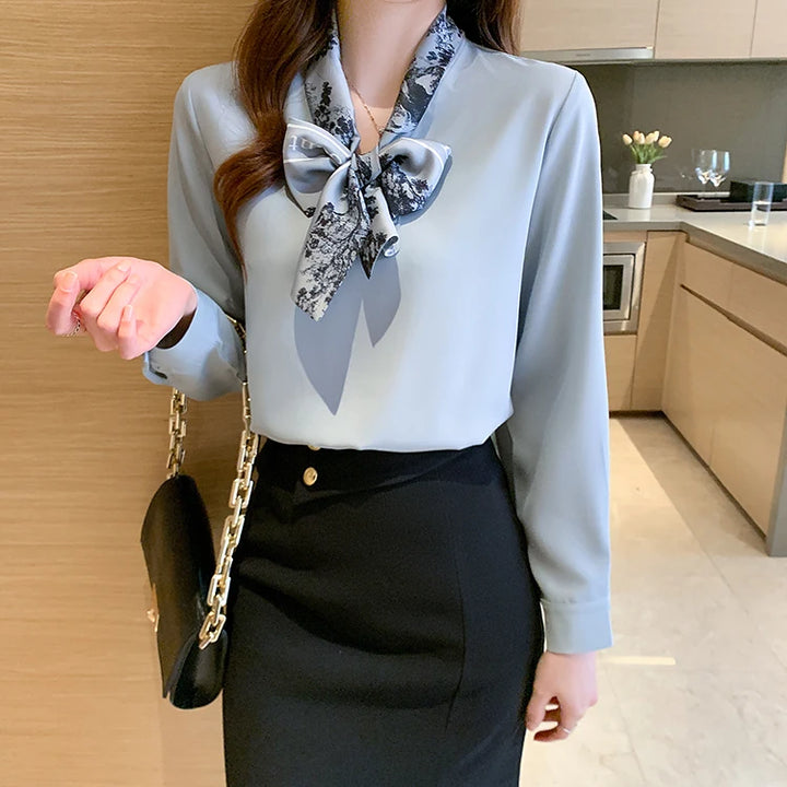 Elegant Autumn Bow Chiffon Blouse - Loose Fit Office Lady Shirt