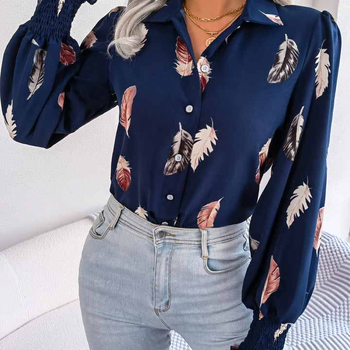 Casual Lantern Sleeve Button Front Turn Down Collar Feather Print Shirt