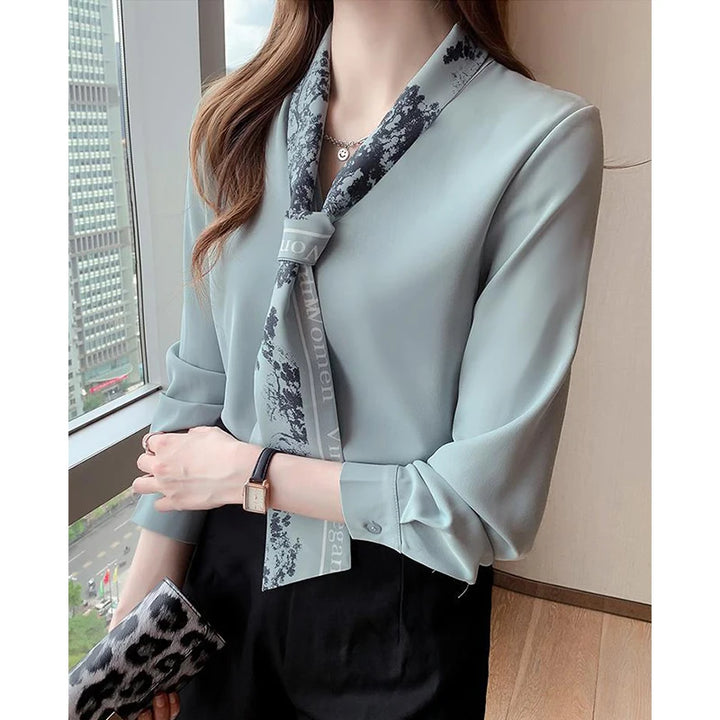 Spring Autumn Scarf Collar Shirt - Elegant Long Sleeve Office Blouse