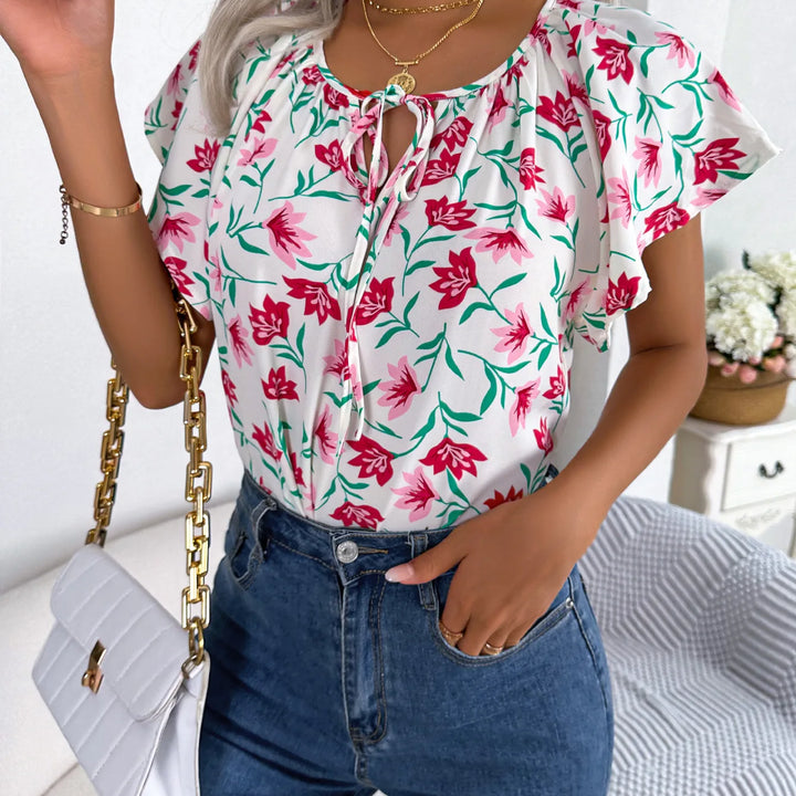 Floral Drawstring Blouse - Casual Crew Neck Short Sleeve Top