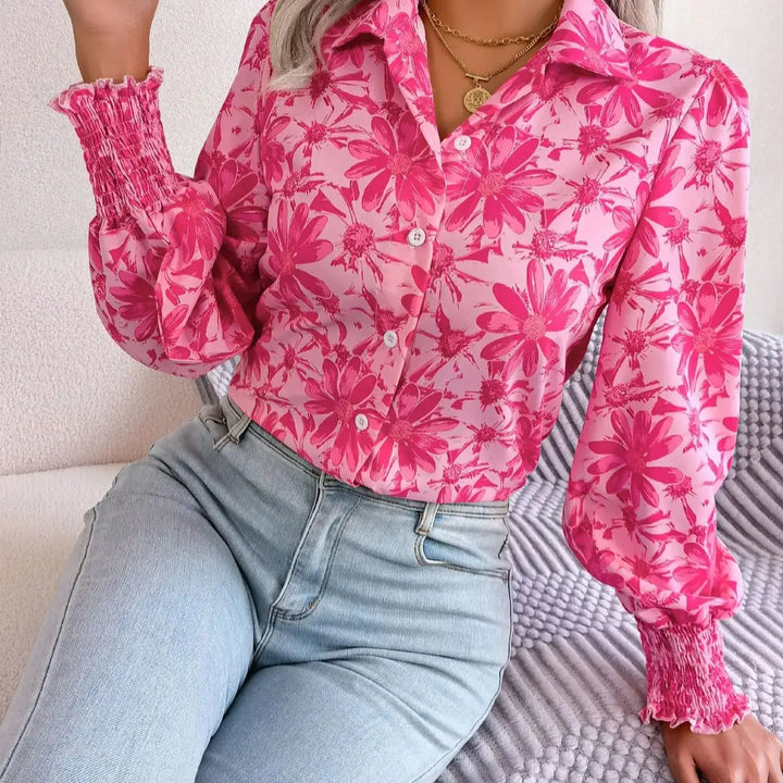 Casual Lapel Button Long Sleeve  Flower Print Shirts