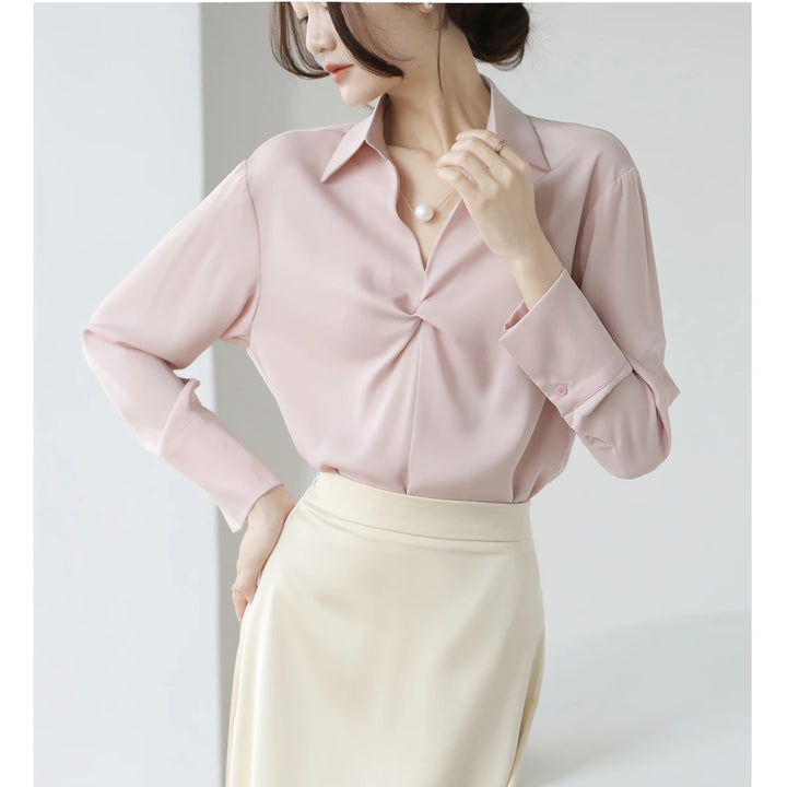 Autumn Casual Turn-Down Collar Blouse - Off-White Chiffon Long Sleeve Shirt