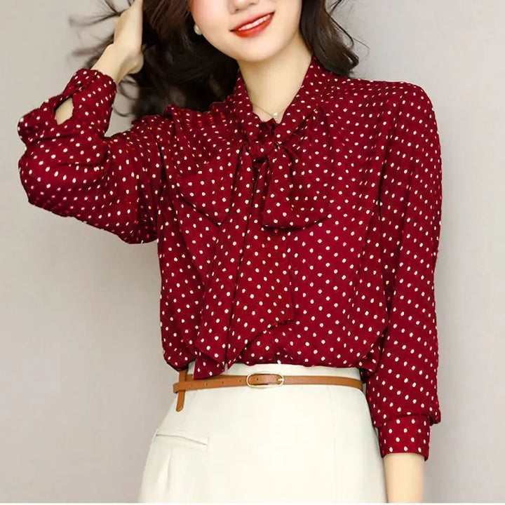 Spring Autumn Shawl Collar Blouse - Bow Polka Dot Long Sleeve Cardigan