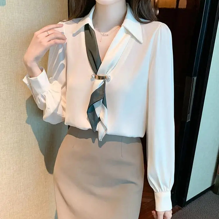 Women’s Bow Tie Blouse - Elegant Korean Fashion V-Neck Long Sleeve Office Top