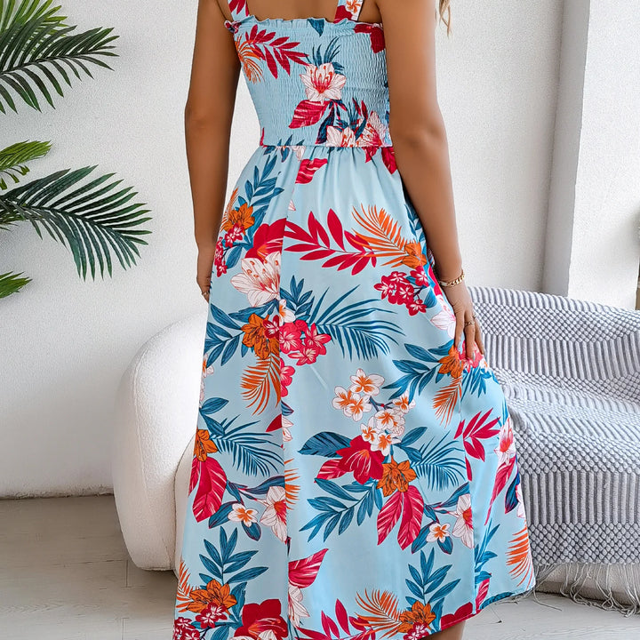 Elegant Square Neck Floral Dress - Waist-Tied Summer Vacation Outfit