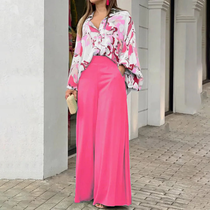 Spring & Autumn 2-Piece Set - Printed Shirt with Elegant Wide-Leg Pants