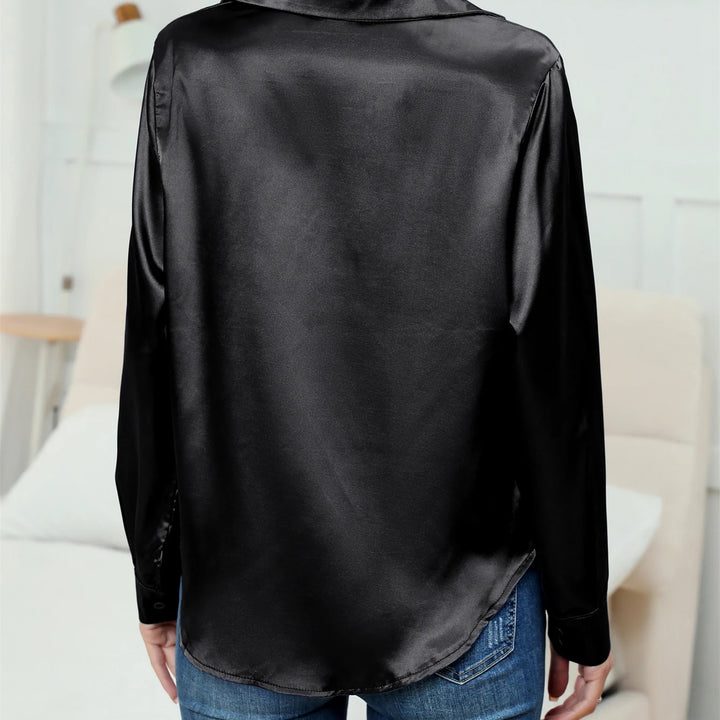 Casual Suit Collar Button Front Long sleeved Solid Color Satin Shirt For Women Blouse