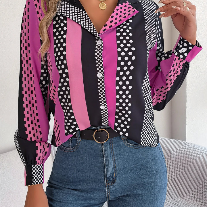 Casual Button Front Long Sleeve Stripe & Polka Dot Print Shirt, Women's Clothing