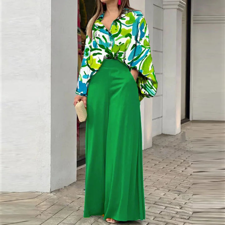 Spring & Autumn 2-Piece Set - Printed Shirt with Elegant Wide-Leg Pants