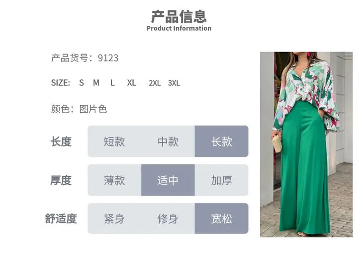 Spring & Autumn 2-Piece Set - Printed Shirt with Elegant Wide-Leg Pants