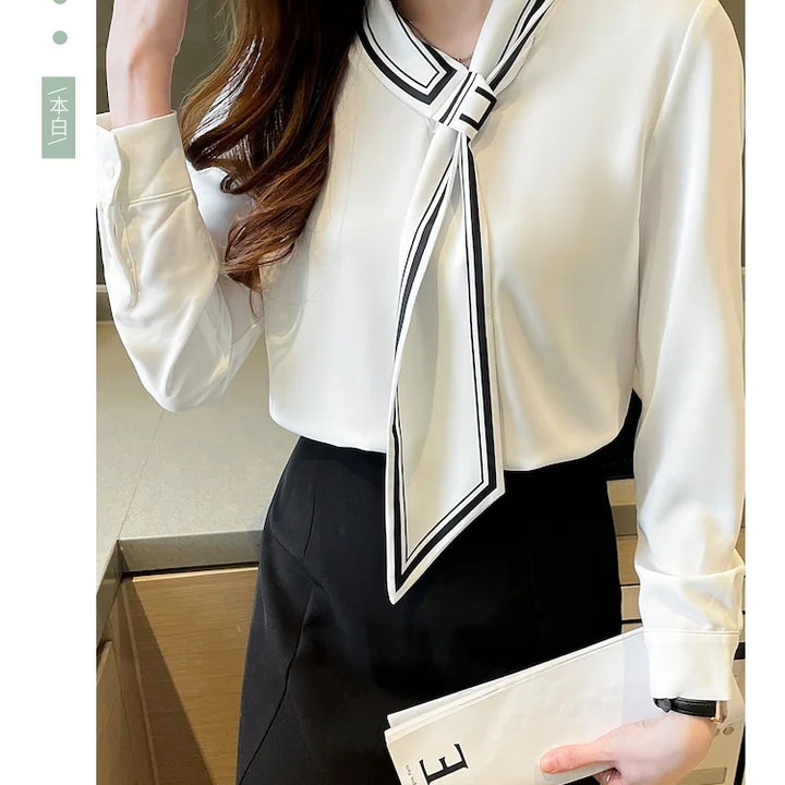 White Chiffon Blouse - Elegant Scarf Collar Long Sleeve Office Top