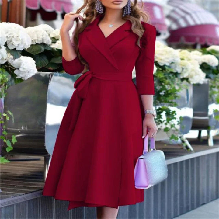 Women's V-Neck Mid-Sleeve Belted Commuter Dress