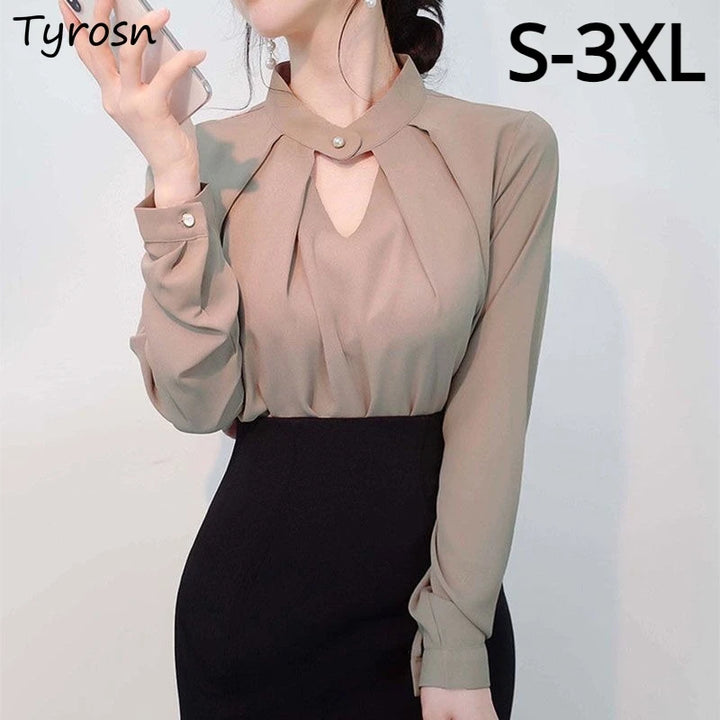 olid Chiffon Blouse - Slim Long Sleeve Hollow Sexy Spring Summer Top