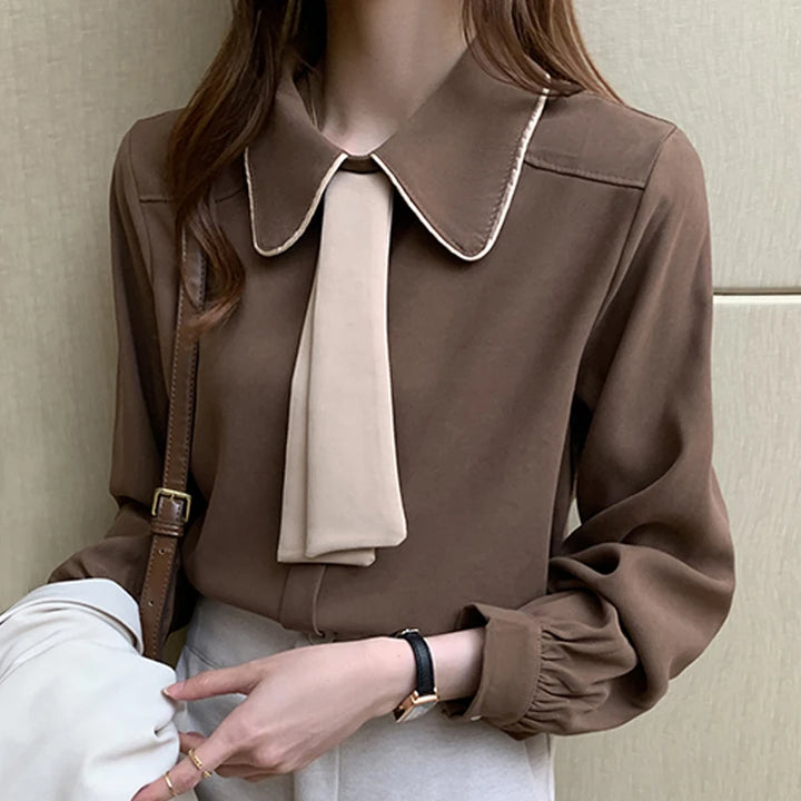 Long Sleeve Chiffon Blouse - Turn Down Collar Office Top