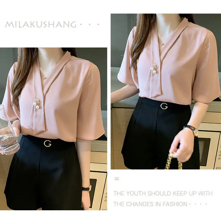 Short Sleeve V-neck Chiffon Blouse - Breathable Slim Elegant Summer Office Top