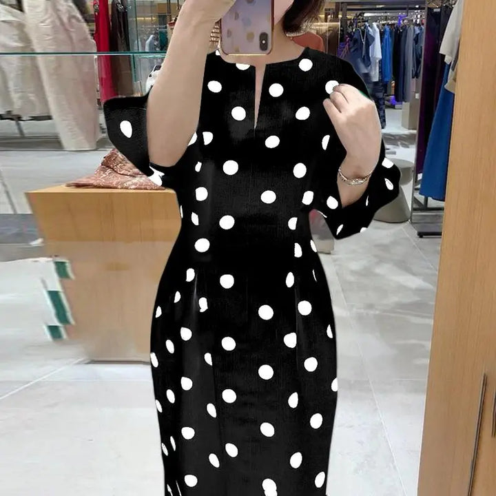 ZANZEA Dots Print V-Neck Midi Dress, slim fit with 3/4 sleeves and pockets