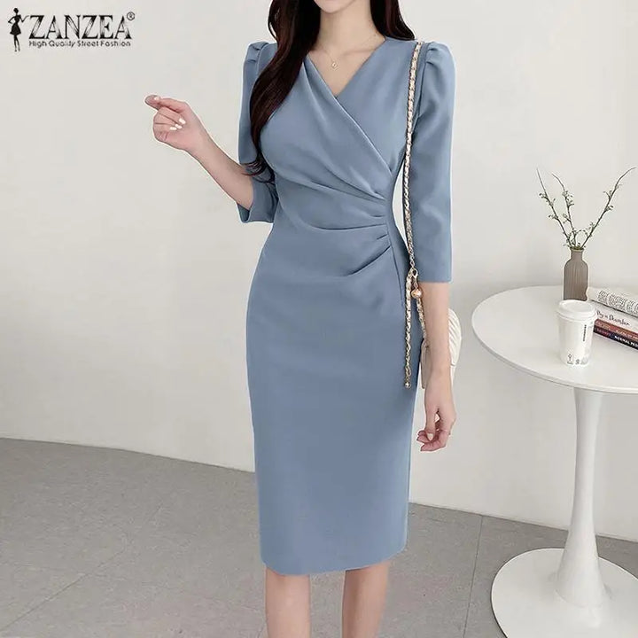 ZANZEA Women's V-Neck Knee-Length Bodycon Dress with 3/4 Sleeves