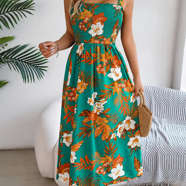 Elegant Square Neck Floral Dress - Waist-Tied Summer Vacation Outfit