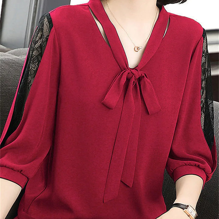 Women’s Spring Summer Blouse - Casual Bow Tie Collar Lace Sleeve Top