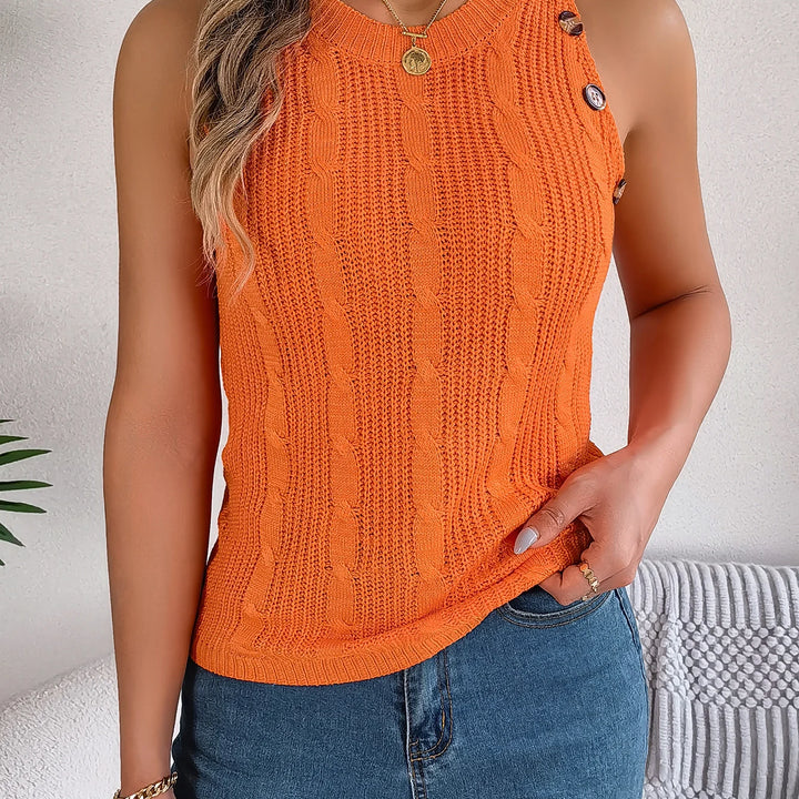 Crew Neck Sleeveless Knitted Top - Button Decor Summer Vacation Vest