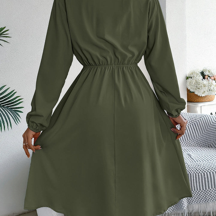 Elegant Button Front Lantern Sleeve Dress - Cinched Waist