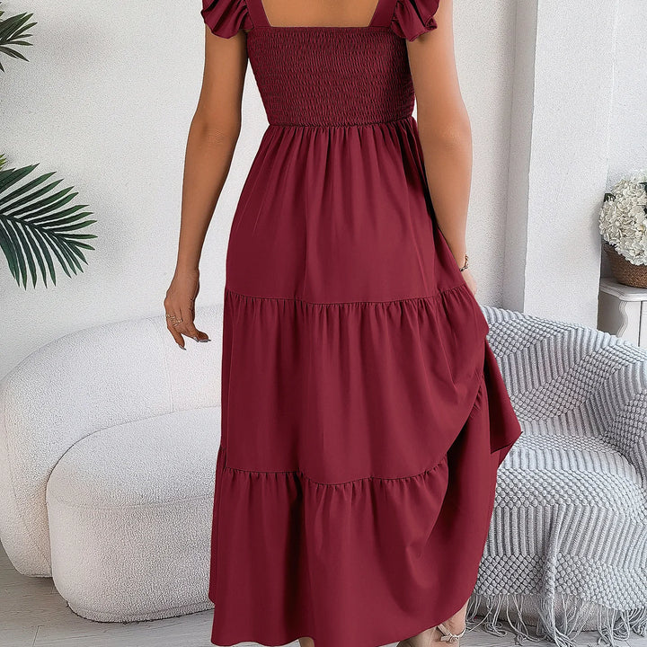 Solid Square Neck Dress - Elegant Waist-Tied Long Dress