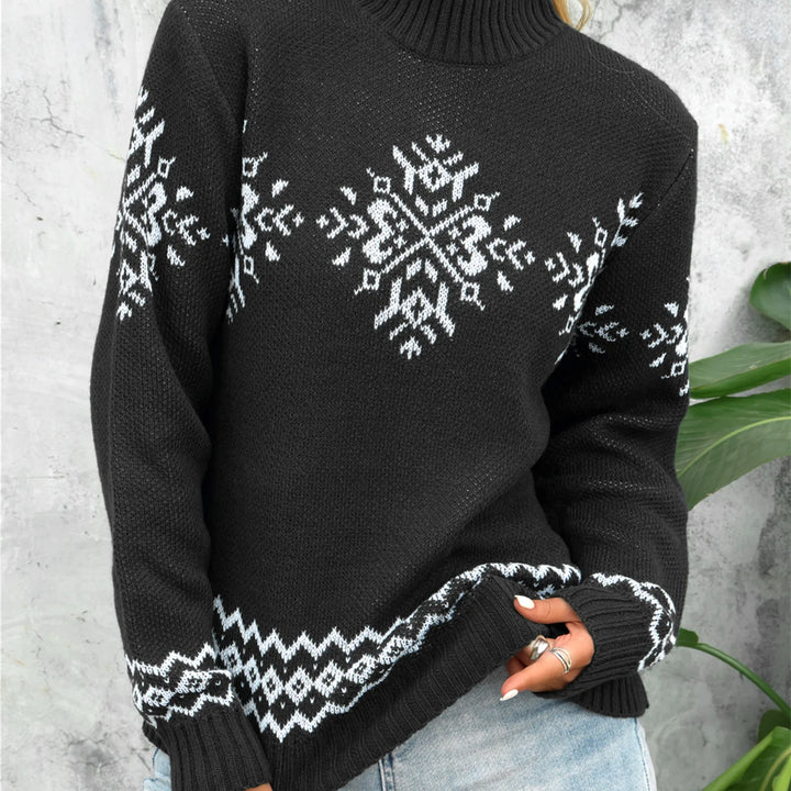 Elegant High Neck Snowflake Jacquard Knitted Pullover - Women's Woolen Long Sleeve