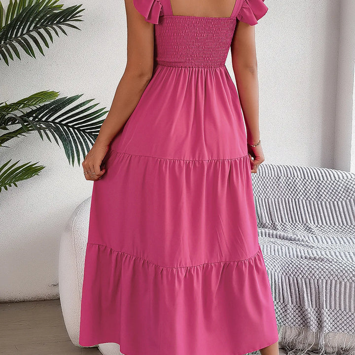 Solid Square Neck Dress - Elegant Waist-Tied Long Dress