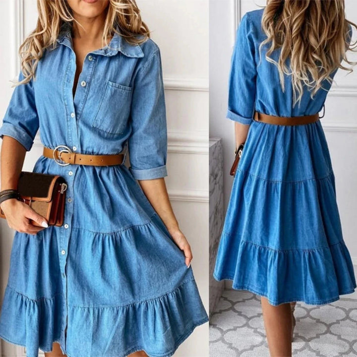 Women's Denim Dress with Three-Quarter Sleeves, Belt, and Ruffle Detail