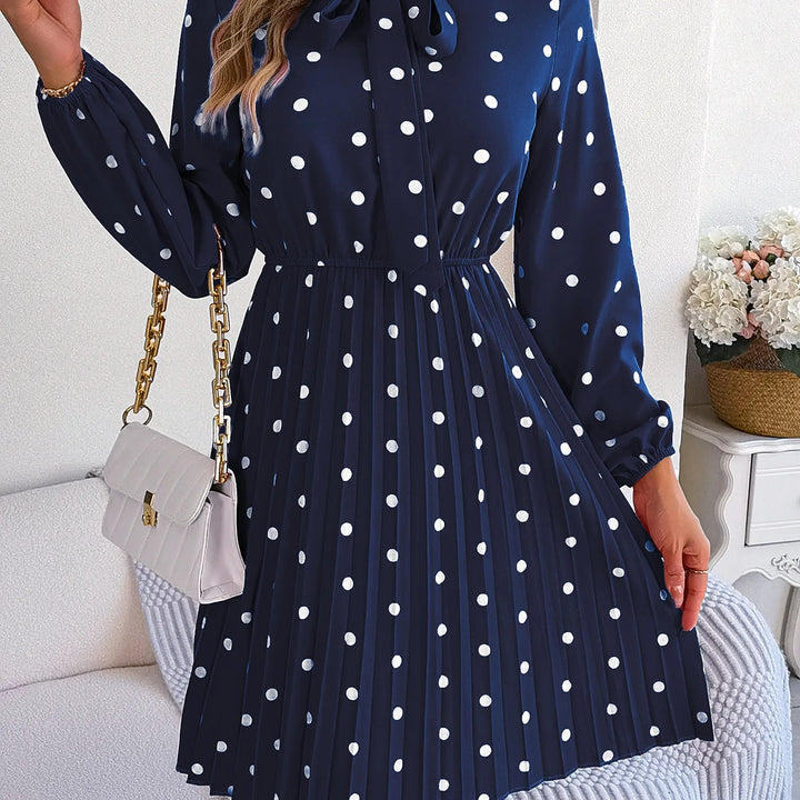 Casual Tie-neck Polka-dot Print Cinched Waist Pleat Dress For Women