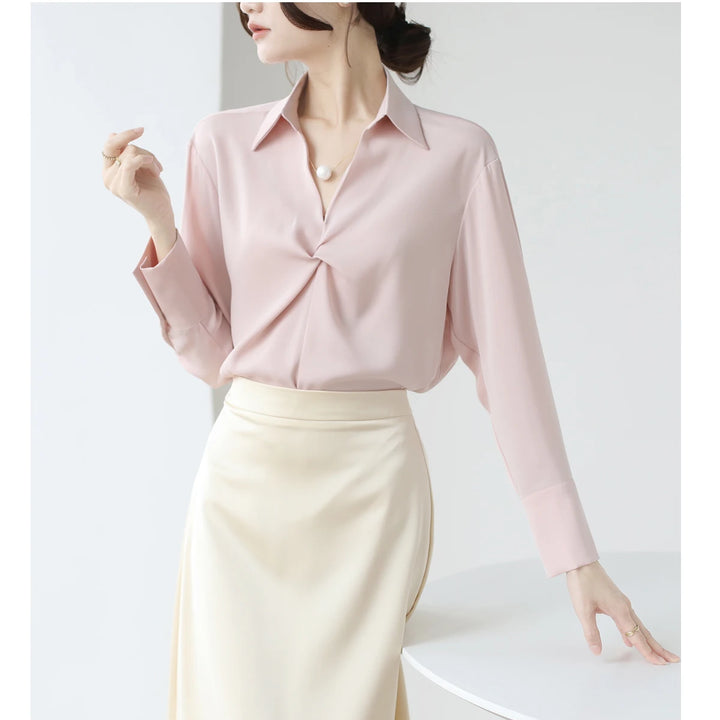 Autumn Casual Turn-Down Collar Blouse - Off-White Chiffon Long Sleeve Shirt