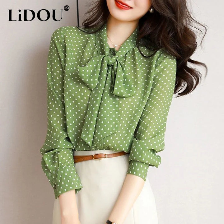 Spring Autumn Shawl Collar Blouse - Bow Polka Dot Long Sleeve Cardigan