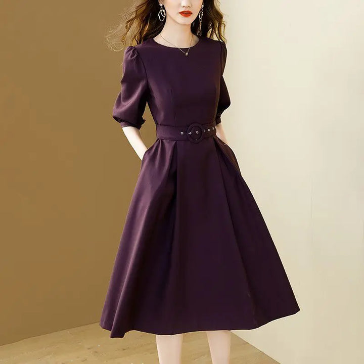 Fashionable Office Midi Dress for Women – Puff Sleeves, A-Line with Belt