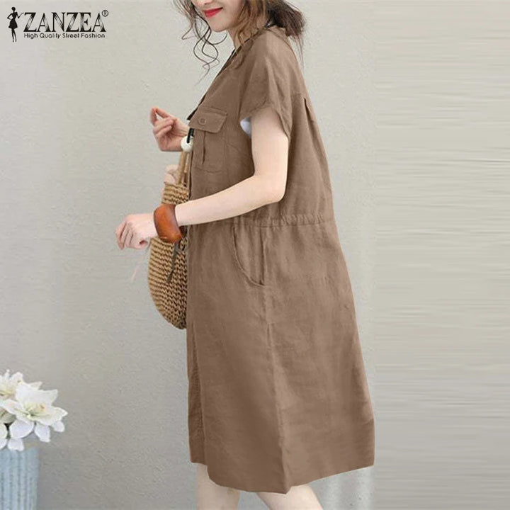 ZANZEA Summer V-Neck Dress - Short Sleeve Drawstring Waist Knee-Length Sundress