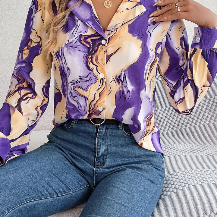 Casual All Over Print Notch Collar Button Long Sleeve Shirt