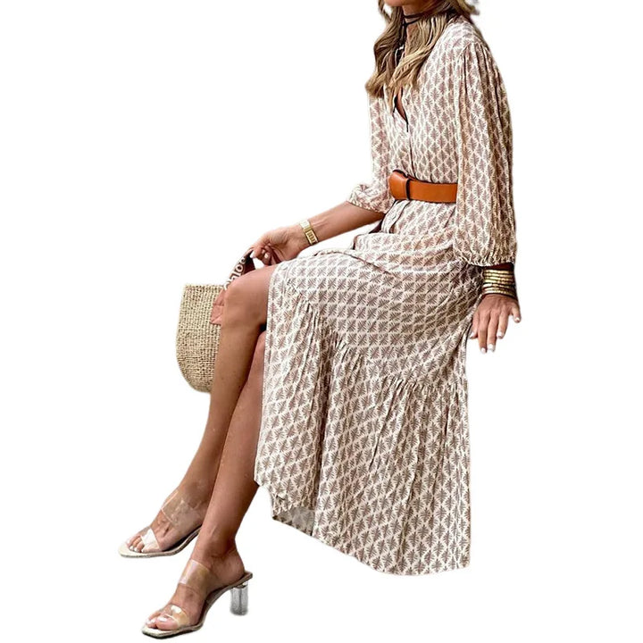 Autumn And Winter New Fashion Belt Printed V-neck Simple Temperament Long Dress