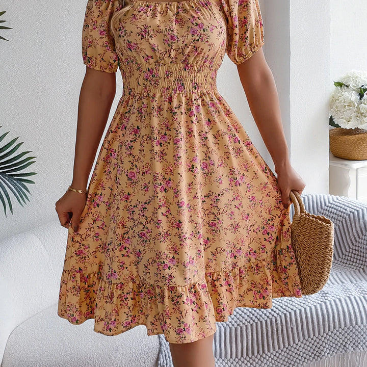 Casual Square Neck Shirred Waist Floral Print Short Sleeve Ruffle Hem Dress For Summer