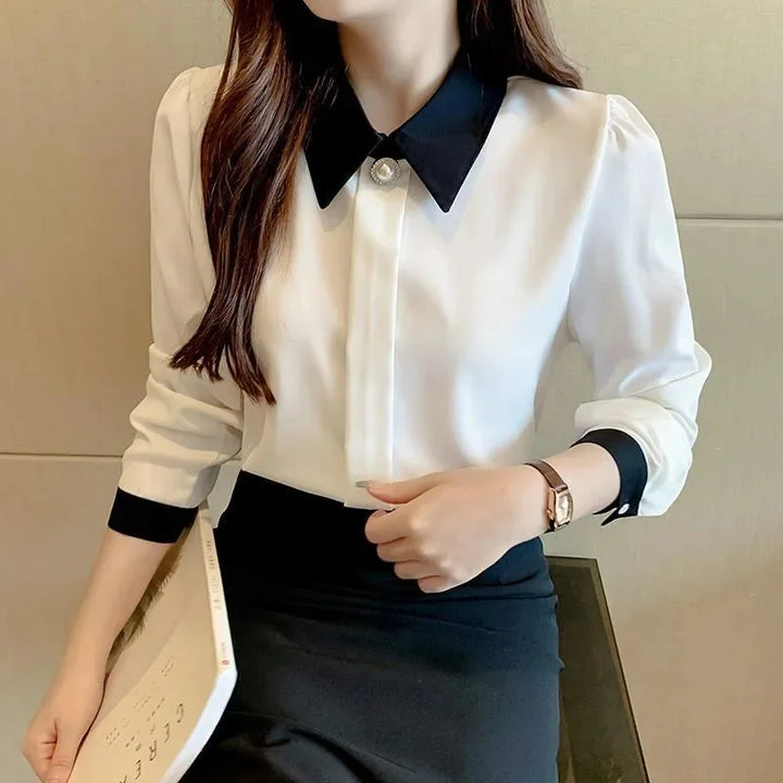 Women's Spring Autumn Blouse - Casual Long Sleeve Turn-Down Collar Shirt