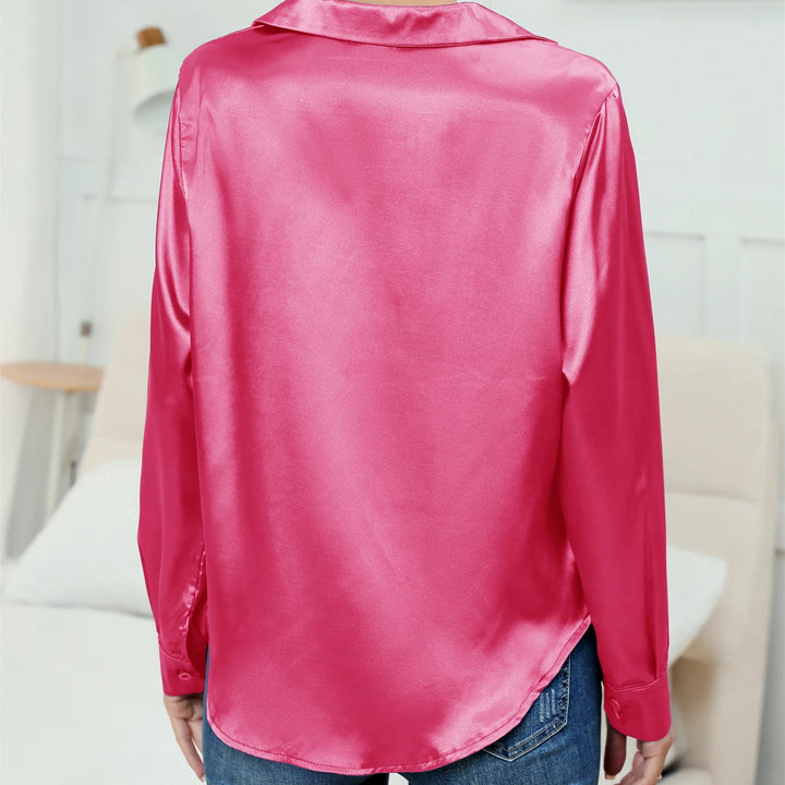 Casual Suit Collar Button Front Long sleeved Solid Color Satin Shirt For Women Blouse