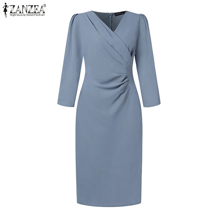 ZANZEA Women's V-Neck Knee-Length Bodycon Dress with 3/4 Sleeves