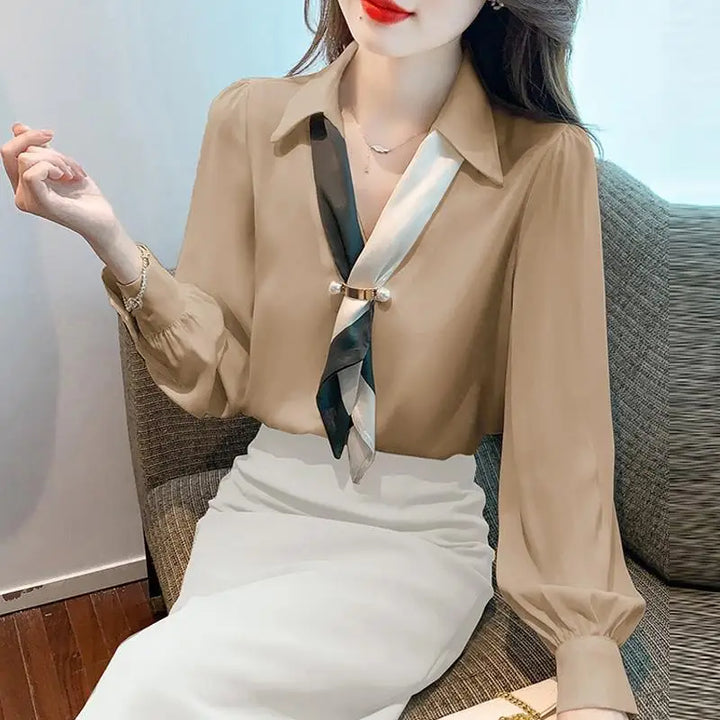 Women’s Bow Tie Blouse - Elegant Korean Fashion V-Neck Long Sleeve Office Top