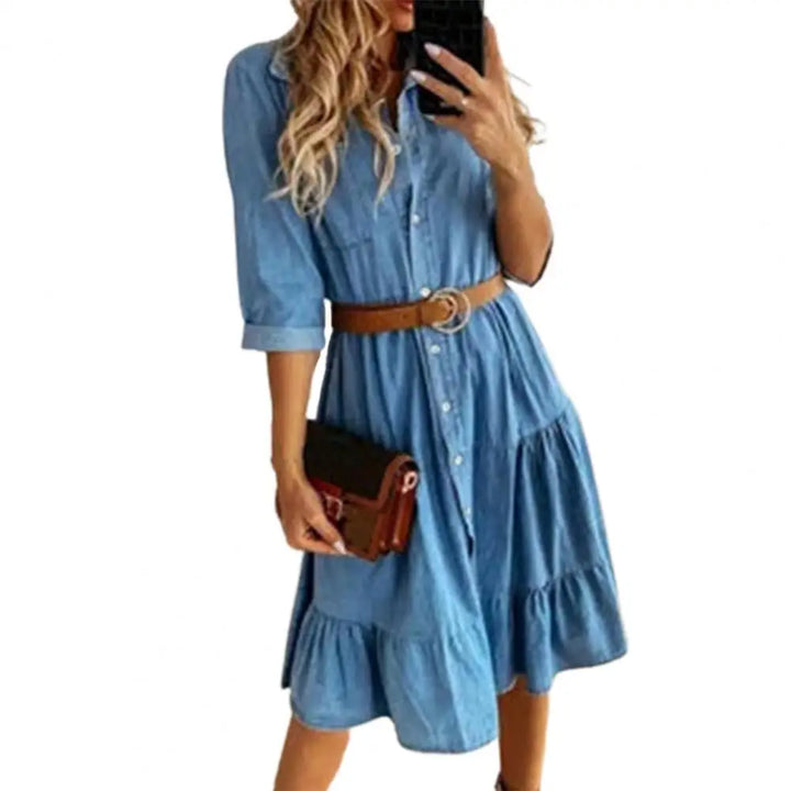 Women's Denim Dress with Three-Quarter Sleeves, Belt, and Ruffle Detail