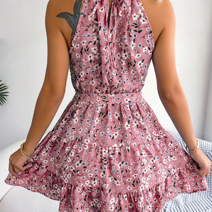 Vacation Sleeveless Floral Print Belted Beach Dress For Summer