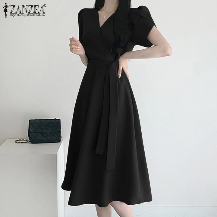 ZANZEA Elegant A-Line Summer Dress - Short Sleeve Casual Work Kaftan