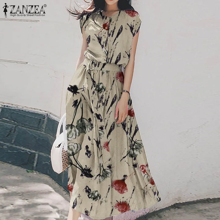 ZANZEA Bohemian Floral Midi Dress - Elegant Short Sleeve Summer Sundress